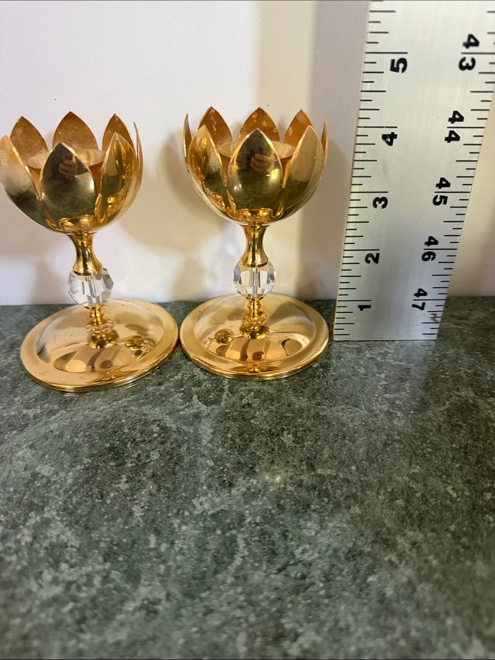 Brass and crystal glass candle holders Tulip Style Shape Set of 2